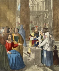 The Widows Mites, z bible vytištěné Edwardem Goverem, 1870s